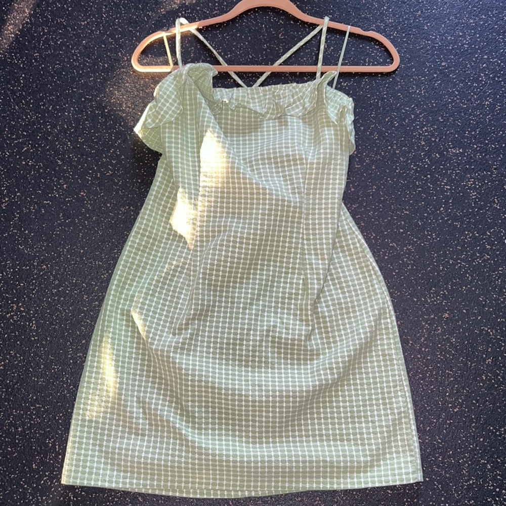 Gingham/Knit Print Green and White Criss-Cross Dress